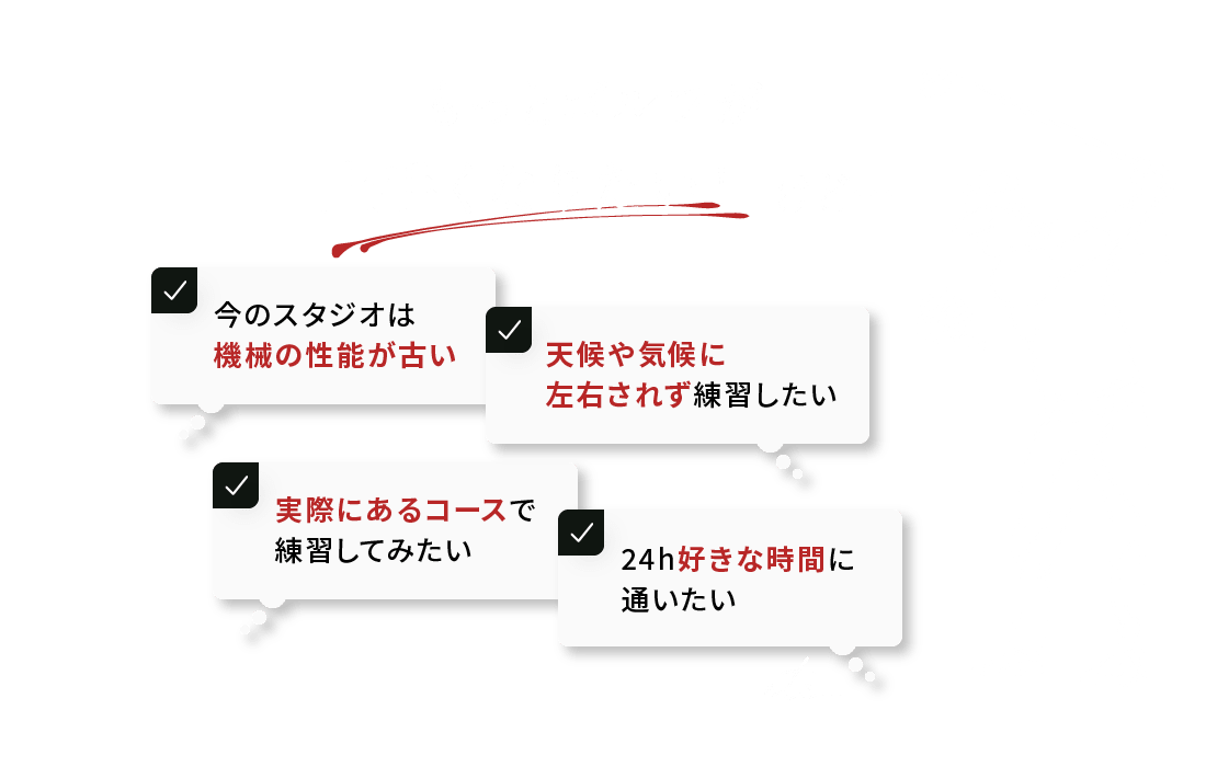 もっとゴルフが上手くなりたい！けど… 今のスタジオは機械の性能が古い 天候や気候に左右されず練習したい 実際にあるコースで練習してみたい 24h好きな時間に通いたい